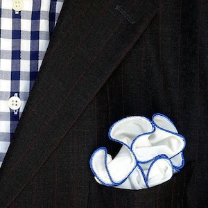 White Silk Pocket Square with Blue Edge: Handmade Groomsman Hankie