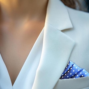Navy Blue Silk Pocket Square: White Dots, Hand-Rolled Edges