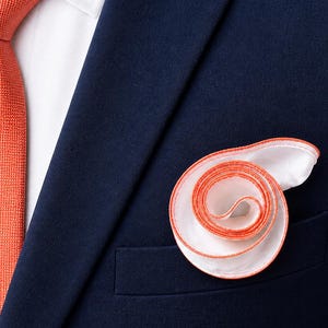 White Silk Pocket Square, Coral Edge, Wedding Groom Accessory, Mens Handkerchief