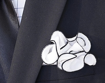 White Silk Pocket Square with Black Border - Groomsmen Hankie