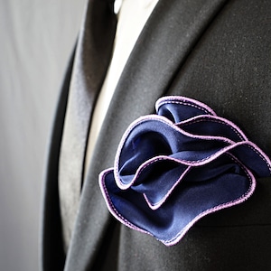 Navy Silk Pocket Square with Lavender Lilac Edge Border Wedding Hankerchief Custom Pocket Round Hankie Pocket Handkerchief for Man image 1