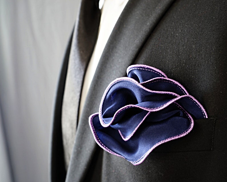 Navy Silk Pocket Square with Lavender Lilac Edge Border Wedding Hankerchief Custom Pocket Round Hankie Pocket Handkerchief for Man image 1