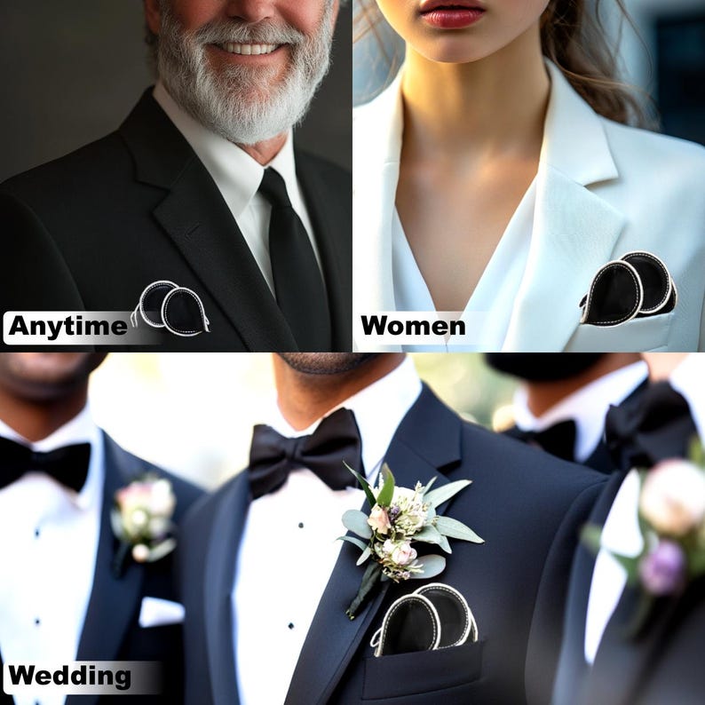 May include: A collage of images showing different ways to wear a pocket square. The first image shows a man wearing a black suit with a white shirt and a black pocket square. The second image shows a woman wearing a white blouse with a black pocket square. The third image shows two men wearing black suits with white shirts and black pocket squares.