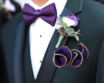 Purple Silk Pocket Square: Round Gold Border Wedding Handkerchief