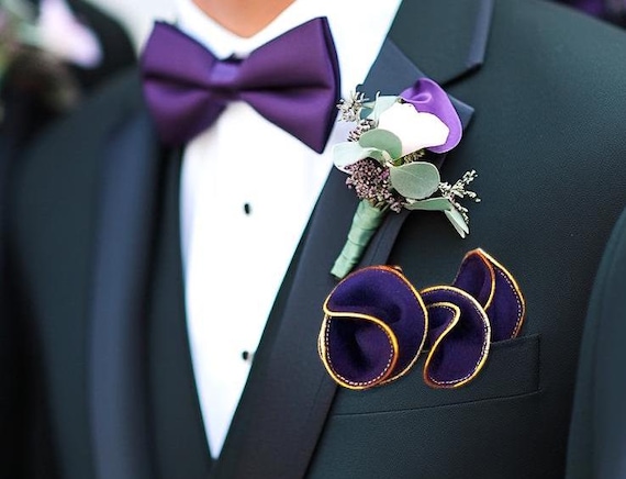 Purple Silk Pocket Square: Round Gold Border Wedding Handkerchief