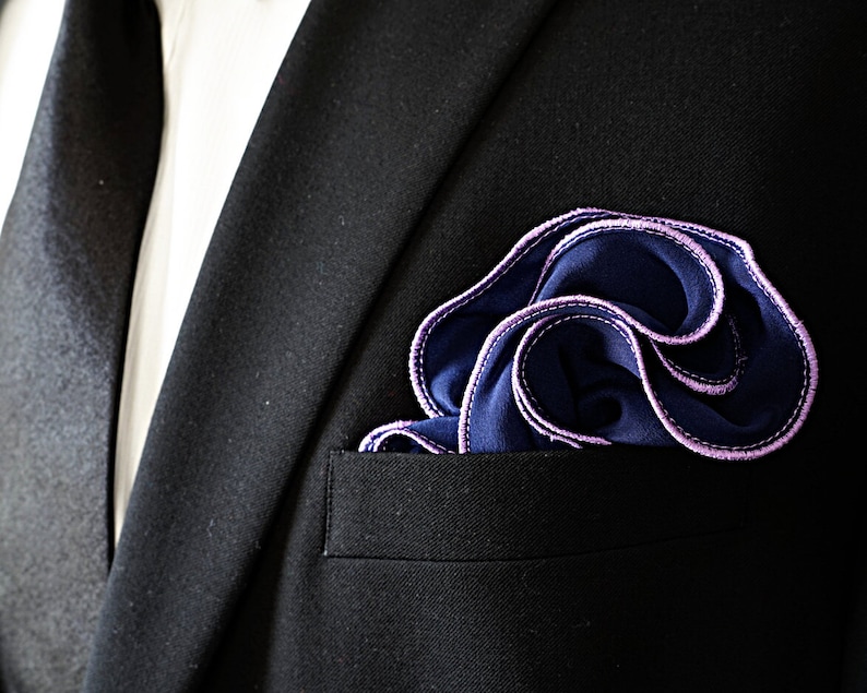 Navy Silk Pocket Square with Lavender Lilac Edge Border Wedding Hankerchief Custom Pocket Round Hankie Pocket Handkerchief for Man image 3