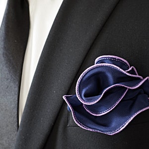 Navy Silk Pocket Square with Lavender Lilac Edge Border Wedding Hankerchief Custom Pocket Round Hankie Pocket Handkerchief for Man image 2