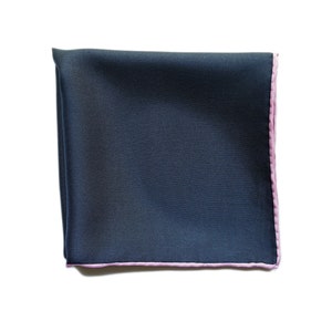 Blue Silk Pocket Square with Pink Edging, Navy Blue Hankie, Hand Rolled Edges, Wedding Handkerchief, Gift For Men image 3