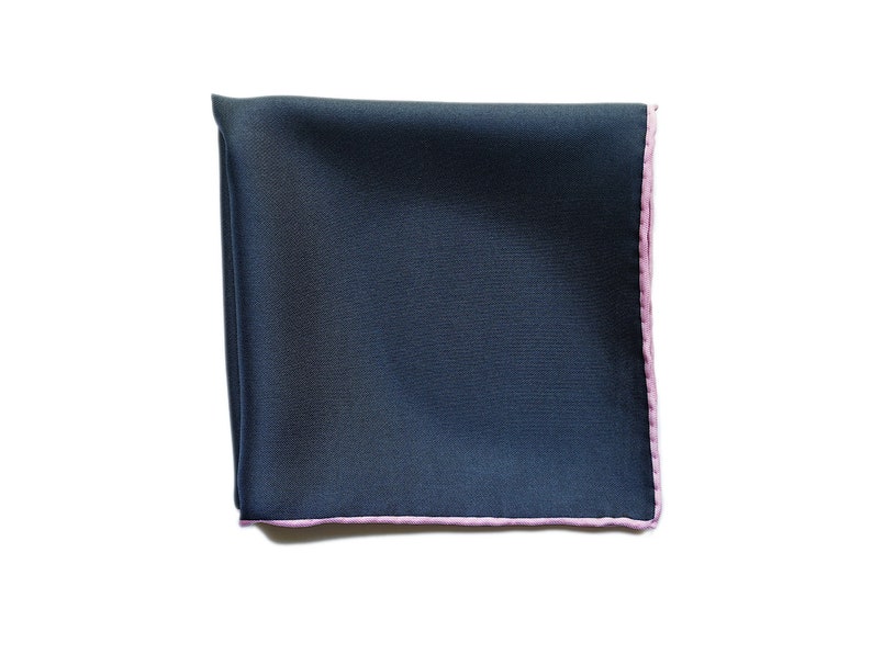 Blue Silk Pocket Square with Pink Edging, Navy Blue Hankie, Hand Rolled Edges, Wedding Handkerchief, Gift For Men image 3