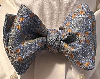 Silk Bow Tie, Self Tie Bow Tie, Medallion Print Orange and Teal