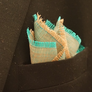 Teal and Tan Linen Pocket Square: Fringed Hankie