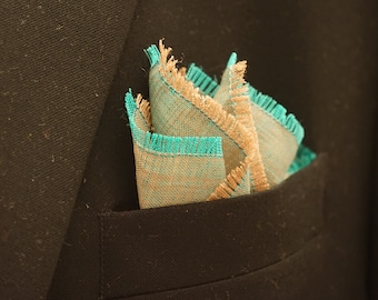 Teal and Tan Pocket Square, Linen Handkerchief, Teal and Tan Hankie, Fringed Edges