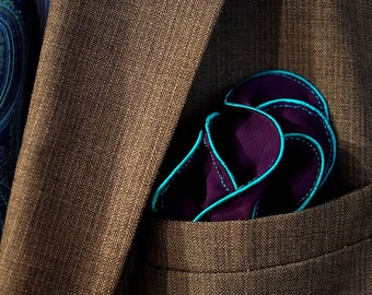 Purple Pocket Square with Teal Edge Border Wedding Hankerchief  Custom Pocket Round  Groomsman Hankie  Pocket Silk Handkerchief for Man