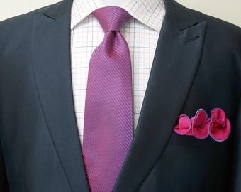 Hot Pink Magenta Silk Pocket Square with Pink Blue Purple Edge Border Wedding Silk Hankie Groomsman Pocket Handkerchief for Man