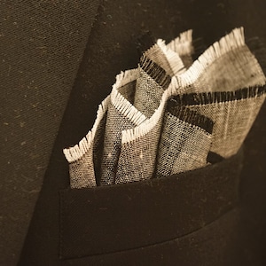 Gray Linen Pocket Square: Black & White Fringe, Textured Weave