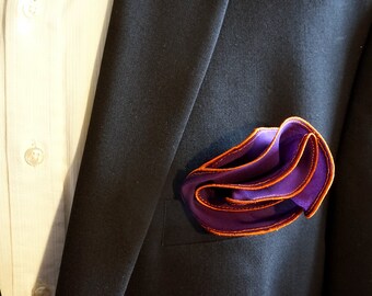 Pañuelo de bolsillo de seda morada con borde naranja, pañuelo redondo de seda, pañuelo de boda, pañuelo para padrinos de boda, pañuelo para caballeros.