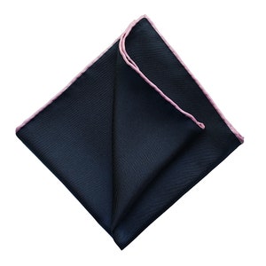 Blue Silk Pocket Square with Pink Edging, Navy Blue Hankie, Hand Rolled Edges, Wedding Handkerchief, Gift For Men image 4