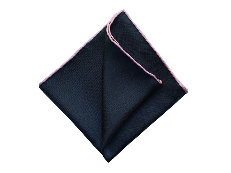 Blue Silk Pocket Square with Pink Edging, Navy Blue Hankie, Hand Rolled Edges, Wedding Handkerchief, Gift For Men image 4