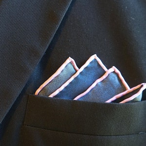 Blue Silk Pocket Square with Pink Edging, Navy Blue Hankie, Hand Rolled Edges, Wedding Handkerchief, Gift For Men image 2