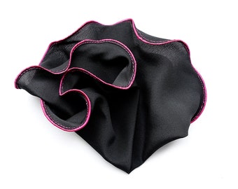 Black Silk Pocket Square: Hot Pink Edge, Wedding Hankie
