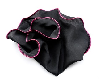 Black Pocket Square with Hot Pink Magenta Fuchsia Pink Edge Border Wedding Hankerchief Pocket Round Hankie  Pocket Silk Handkerchief for Man