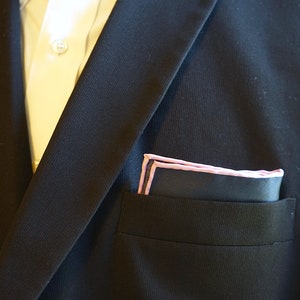 Blue Silk Pocket Square with Pink Edging, Navy Blue Hankie, Hand Rolled Edges, Wedding Handkerchief, Gift For Men image 5