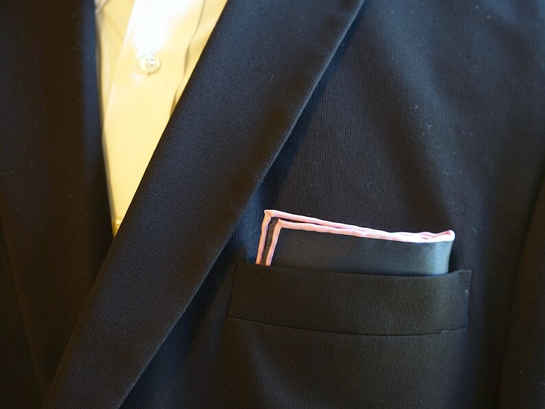 Blue Silk Pocket Square with Pink Edging, Navy Blue Hankie, Hand Rolled Edges, Wedding Handkerchief, Gift For Men image 5