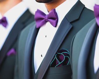 Purple Silk Pocket Square with Teal Border - Groomsmen Hankie