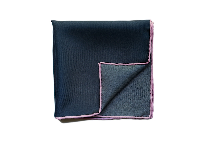 Blue Silk Pocket Square with Pink Edging, Navy Blue Hankie, Hand Rolled Edges, Wedding Handkerchief, Gift For Men image 1