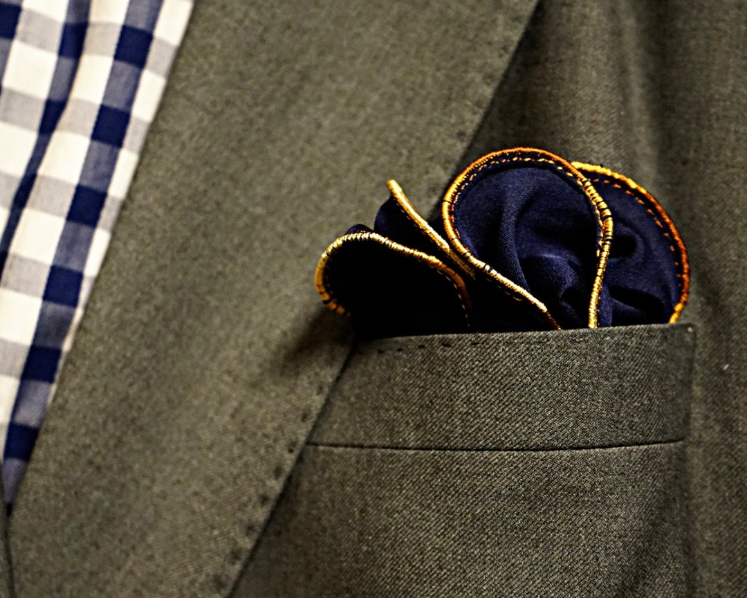 Navy Blue Silk Pocket Square With Gold Edge Border Wedding Handkerchief ...