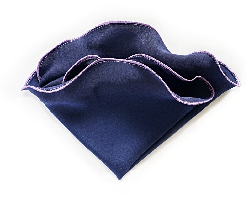 Navy Silk Pocket Square with Lavender Lilac Edge Border Wedding Hankerchief Custom Pocket Round Hankie Pocket Handkerchief for Man image 4