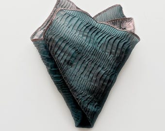 Pleated Iridescent Pocket Square – Mauve Teal Polyester Handkerchief | Textured Wedding Pocket Square | Handmade Gift for Men