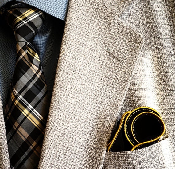 Black Pocket Square with Gold Border – Classic Wedding Accessory