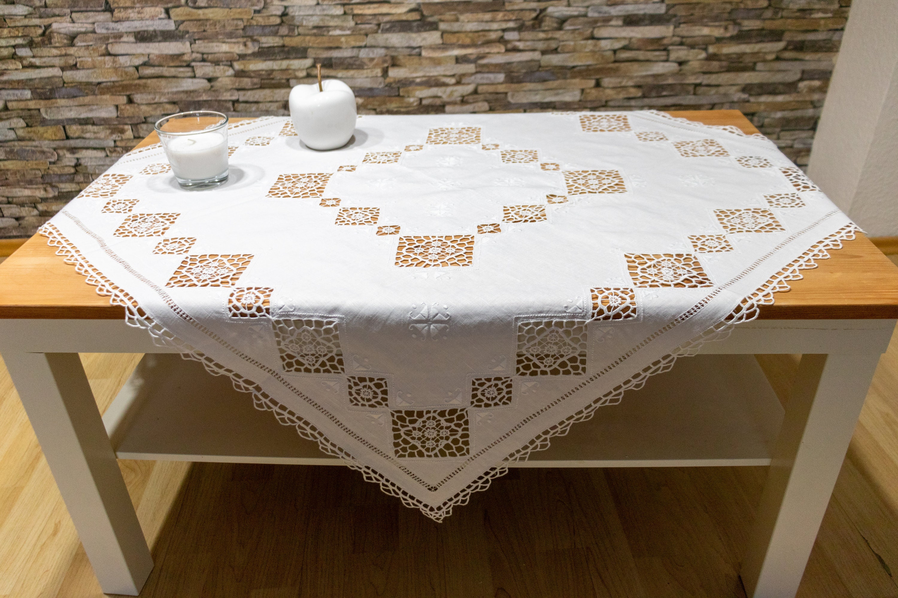 Greek Handmade White Cotton Square Tablecloth