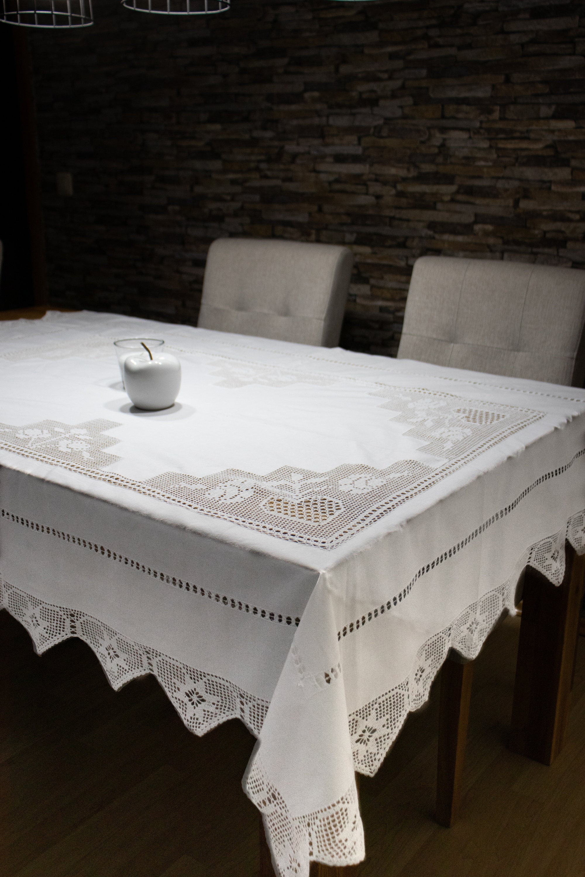 Handmade Crochet Rectangular White Greek Cotton Tablecloth with Hearts Motif