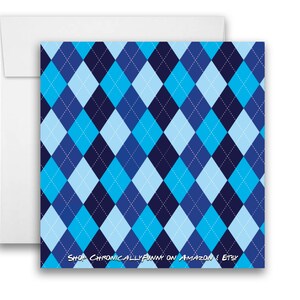 May include: Blue and white argyle pattern with a white border. The text "Shop ChronicallyFunny on Amazon & Etsy" is at the bottom of the image.