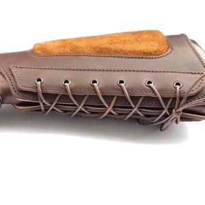 Leather buttstock holster with anti-slide loops Decorative hunters ammo cover with suede pad Hunting gift ideas Hunting gift for men image 6