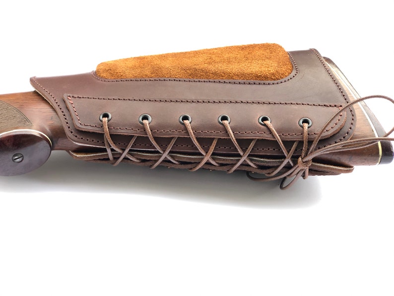 Leather buttstock holster with anti-slide loops Decorative hunters ammo cover with suede pad Hunting gift ideas Hunting gift for men image 6