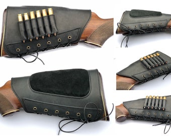 Étui de support de crosse en cuir véritable avec boucles anti-glisse couverture de stock de chasse en daim rembourré cadeau de chasse couleur noire