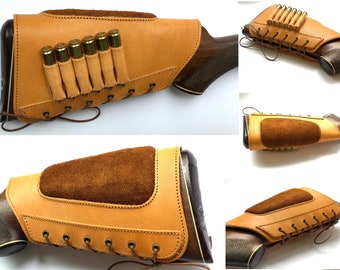 Real Leather buttstock holder holster with anti-slide loops hunting stock cover suede padded Hunting gift Tan color