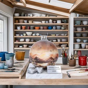 May include: A spherical glass urn featuring a painted landscape of mountains and birds. The urn sits on a wooden table alongside pottery and art supplies. A sign reads "Remember Forever Unique Urns for Ashes."
