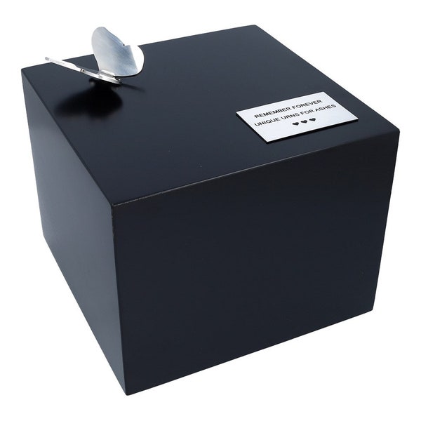 Butterfly urn Box for ashes Decorative memorial Black casket for human ashes with butterfly and memorial plaque Box-shaped cremation urn