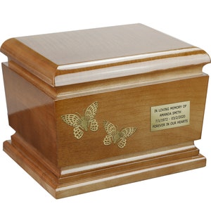 Butterflies urn for human ashes memorial urn with butterflies Personalise wooden urn for adult male unique urn female urn for ashes Wood urn