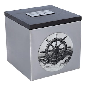 Sailor’s Helm Adult Urn | Modern Stainless Steel Ashes Urn with Engraved Ship Wheel Medallion Sea Lover urn