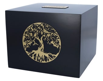 Black wooden box for ashes Tree of life wood urn cremation casket unique personalise urn large cremate art urn burial funeral urn for human