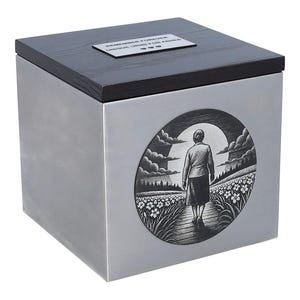 Cremation Urn for Grandmother Elegant Stainless Steel Memorial Box with Elderly Woman Design – Custom Engraved Plaque and Wooden Lid Tribute