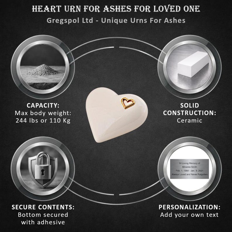 May include: A heart-shaped ceramic urn in cream with a gold heart accent. The image includes text stating the urn's capacity is 244 lbs or 110 Kg, and that it is secured with adhesive. The urn is for ashes.