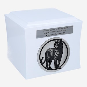 Unique urn with tiger Cremation box with engraved tiger and memorial plaque  Artistic Memorial Ashes Box with Personalized Engraved Plaque