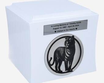 Unique urn with tiger Cremation box with engraved tiger and memorial plaque  Artistic Memorial Ashes Box with Personalized Engraved Plaque