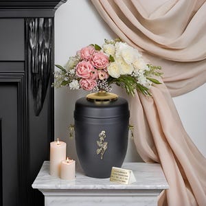 Beautiful Metal Cremation Urn for Ashes With Gold Cross or Rose Funeral Urn for Adult Black Urn Unique Metal Urn Decorative Urn For Home